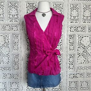 Vintage Magenta Pink Faux Wrap‎ Collared Blouse With Sequin Details Sz Medium